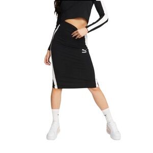 NWT Puma T7 Cotton Pull On Midi Pencil Skirt Black White Small